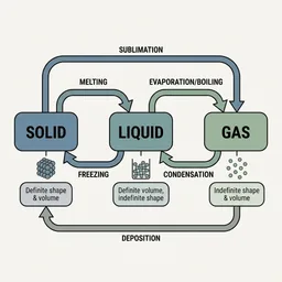 States-of-matter diagram with solid, liquid, and gas, and arrows for melting, freezing, evaporation, and condensation.