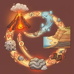 Rock-cycle diagram with magma, igneous rock, sediment, sedimentary rock, and metamorphic rock.