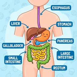 Digestive-system diagram labeled esophagus, liver, stomach, pancreas, gallbladder, small intestine, large intestine, and rectum.