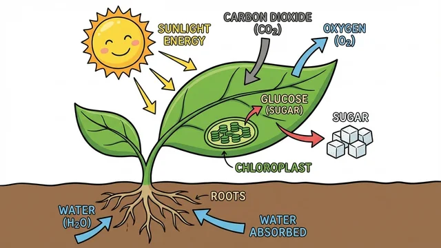 Photosynthesis diagram of a sun and a leaf, with carbon dioxide, glucose, chloroplast, and water absorbed through the roots labeled.