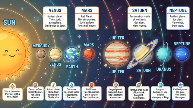 Solar-system study guide with the Sun and eight planets in order, each with a short fact.