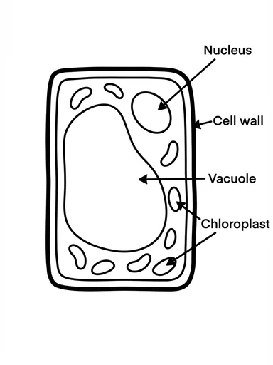 Black-and-white plant cell with the nucleus, cell wall, vacuole, and chloroplast labeled.